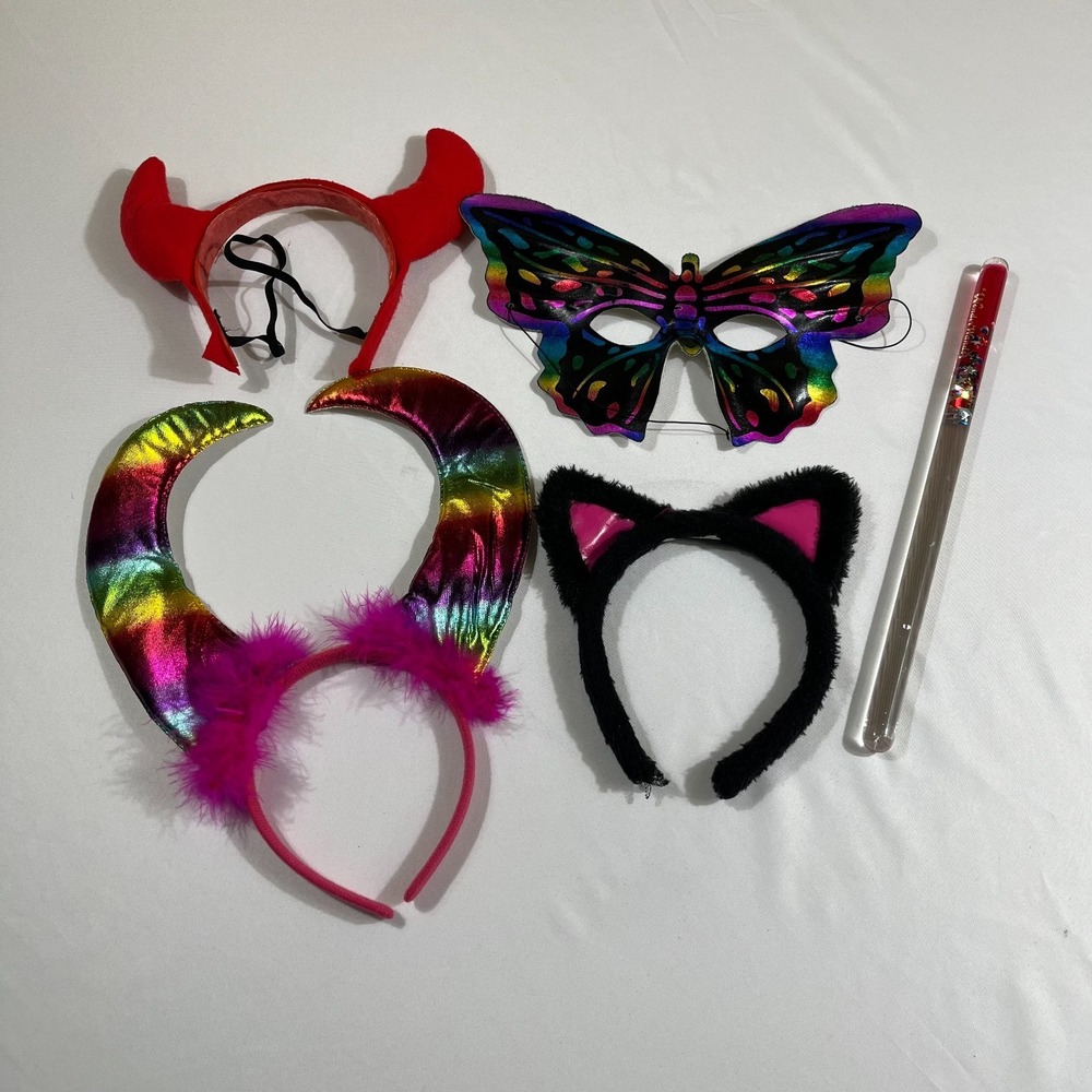 Costume Accessory Lot Butterfly Mask Cat Ears Devil Horns Rainbow Glitter Wand